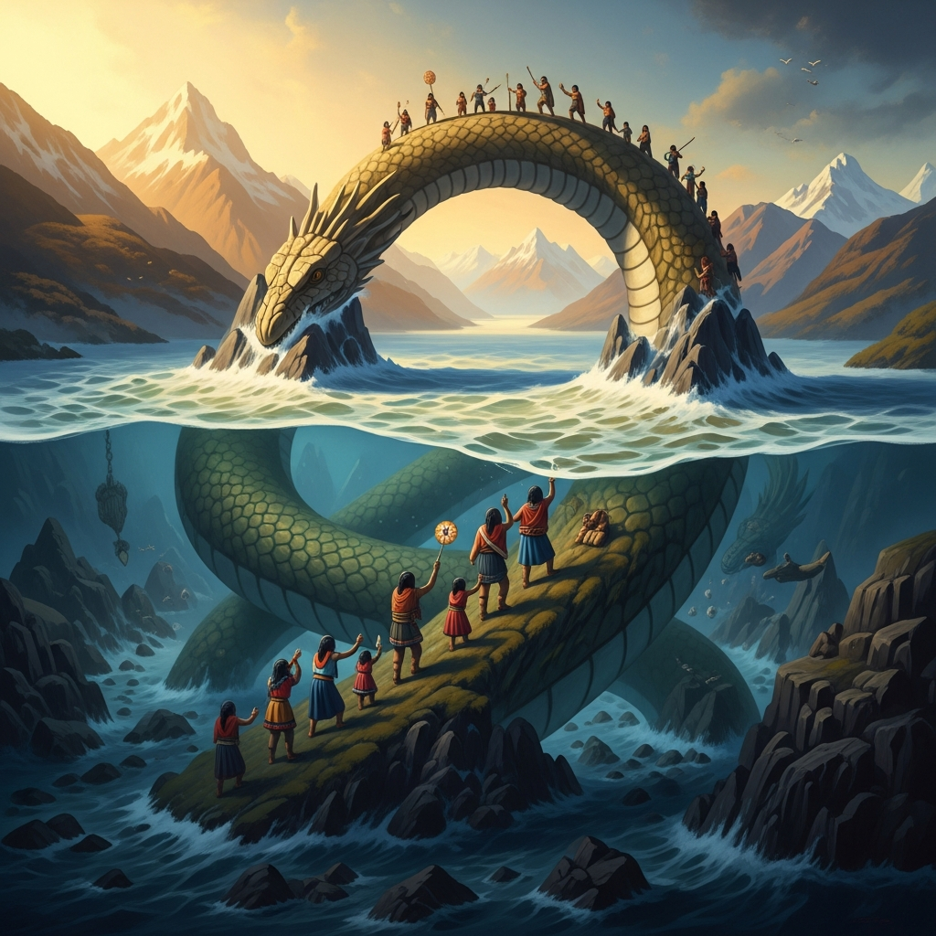 Treng Treng Vilú, the land serpent, arching its back beneath the earth — mountains rising from its coiling body, peaks pushing upward through the flood water, families of Mapuche people clinging to the slopes climbing higher as the water rises below them, the serpent's scales becoming the rock of the Andes.