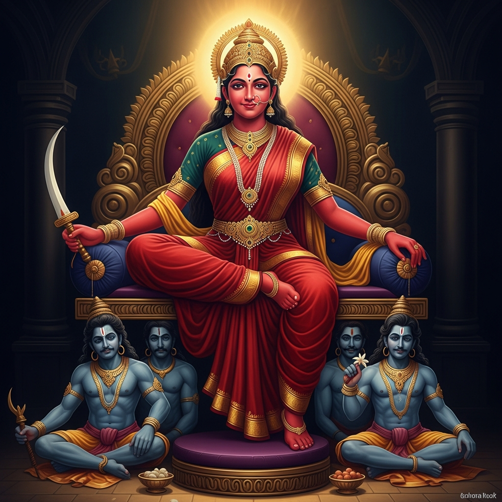The goddess Tripura Sundari sits on her throne supported by Brahma, Vishnu, Rudra, and Indra — the four gods as her furniture, her footstool, her couch. She is sixteen years old, crimson, smiling with the smile of someone who contains everything and is therefore in a hurry for nothing.