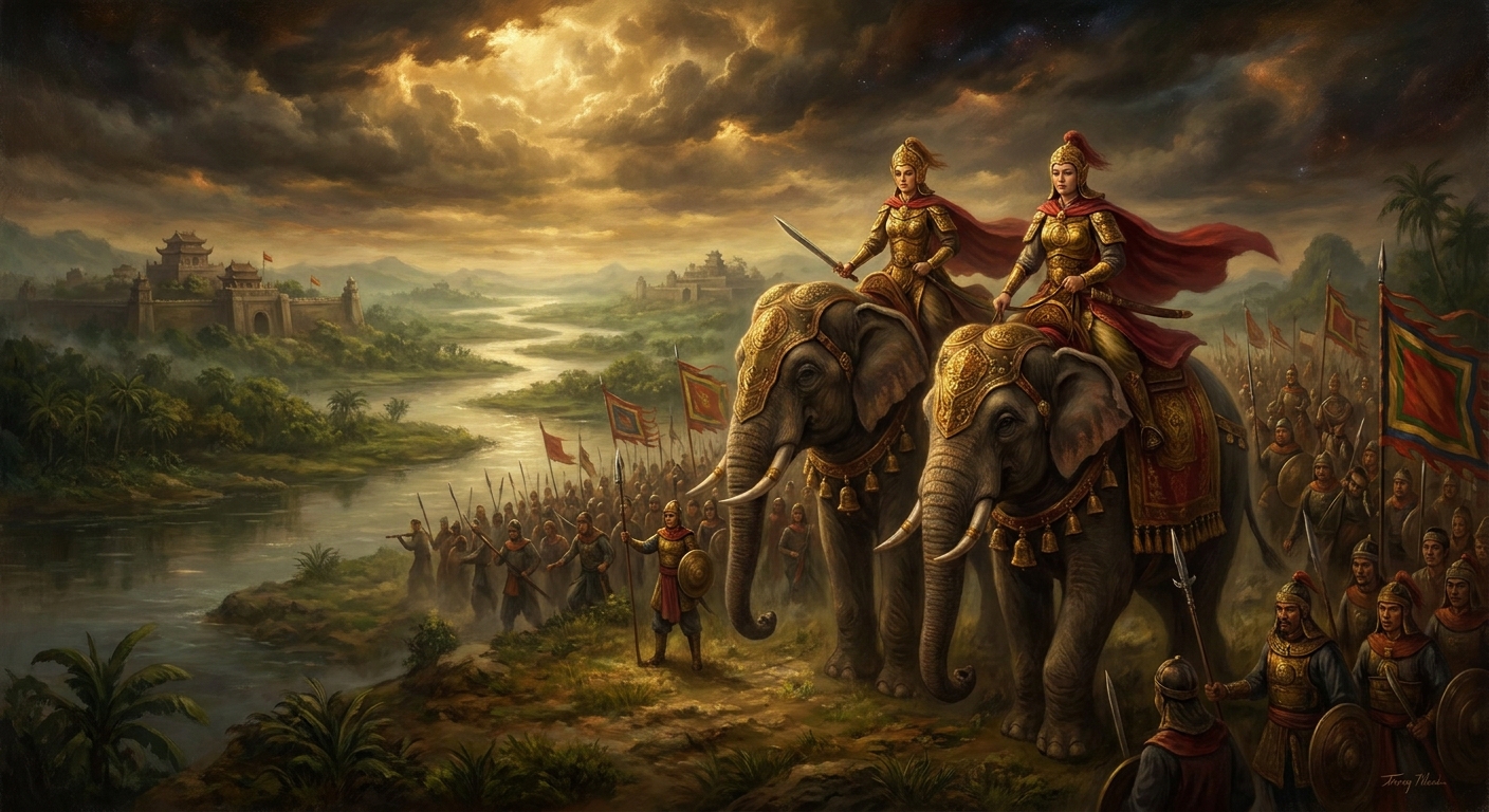 Trưng Trắc and Trưng Nhị mount their war elephants at the head of an assembled force from sixty-five citadels across the Red River Delta. Vietnamese tradition gives them golden armor and red battle-cloaks; the Chinese chronicles record only that the rebellion 'spread with great rapidity' across the province.