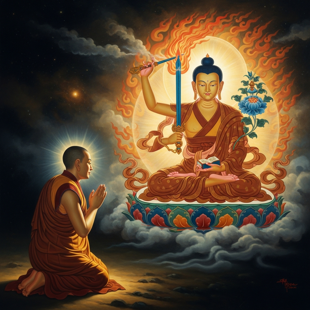 Mañjuśrī appears in vision, wielding the flaming sword of wisdom that cuts through ignorance. Tsongkhapa receives instruction directly from the bodhisattva.