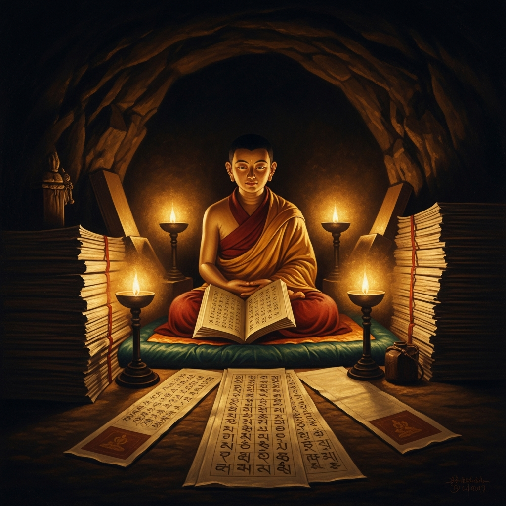 The young Tsongkhapa in retreat in the mountains of central Tibet, surrounded by pecha — long Tibetan manuscript leaves — under the bodhi-light of butter lamps.