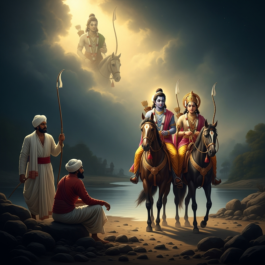 Years later in Ayodhya. He has been waiting at the riverbank for the vision and the vision finally arrives — Ram and Lakshmana on horseback, riding past on what looks like an ordinary errand. Tulsidas does not recognize them until they are gone.