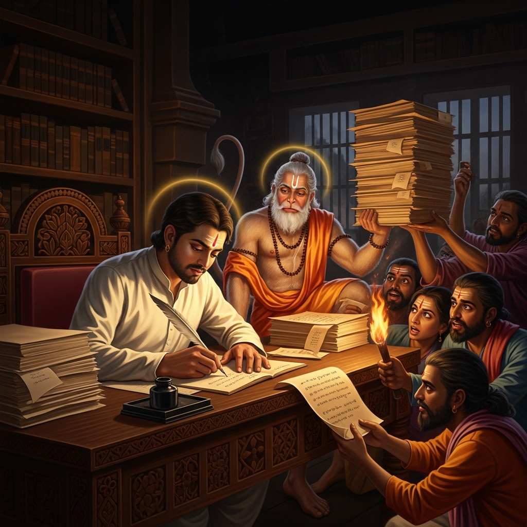 He writes for three years and three months. Hanuman appears at his shoulder in disguise to validate the lines. The Brahmin scholars of Varanasi try to steal the manuscript and the manuscript reportedly will not burn.