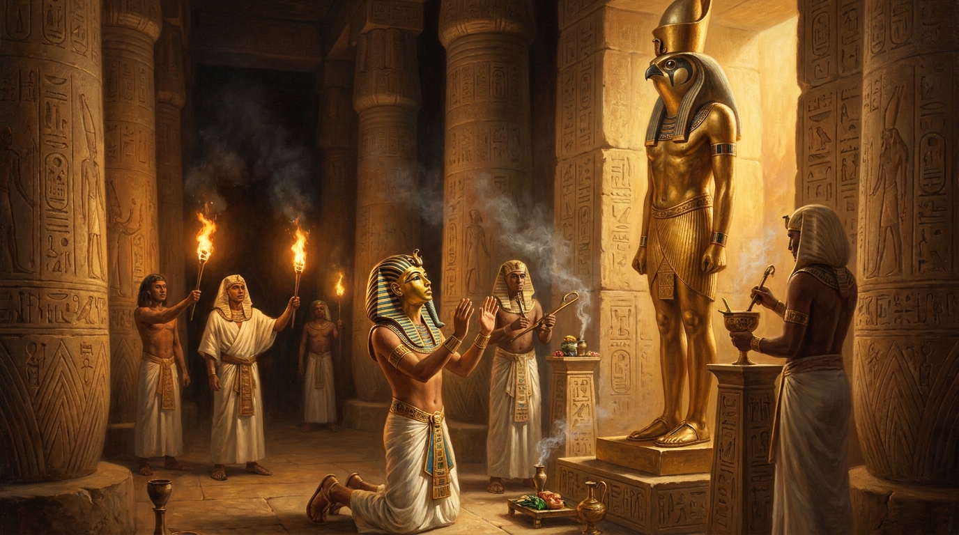 Tutankhamun before the restored altar of Amun. The boy-king is nine years old and already signing his name to the erasure of his father. The old priests are back. The old gods are back. The great heresy is over — almost.