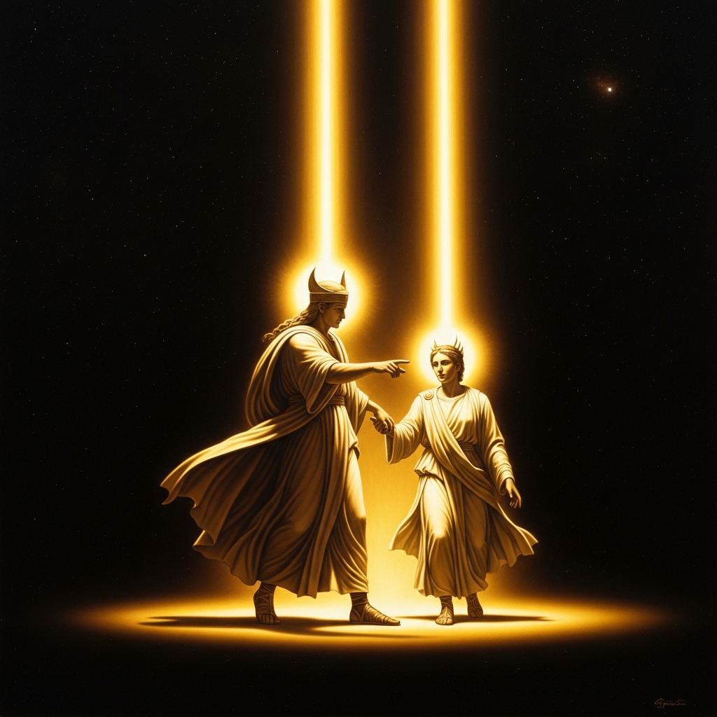 Two personages descend in a pillar of light; one introduces the other as 'my beloved Son.'