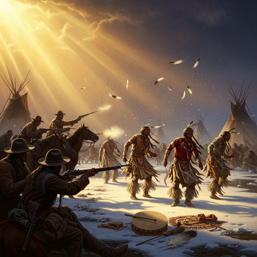 Two years later, on December 29, 1890, the Seventh Cavalry opens fire at Wounded Knee Creek and the dance ends.