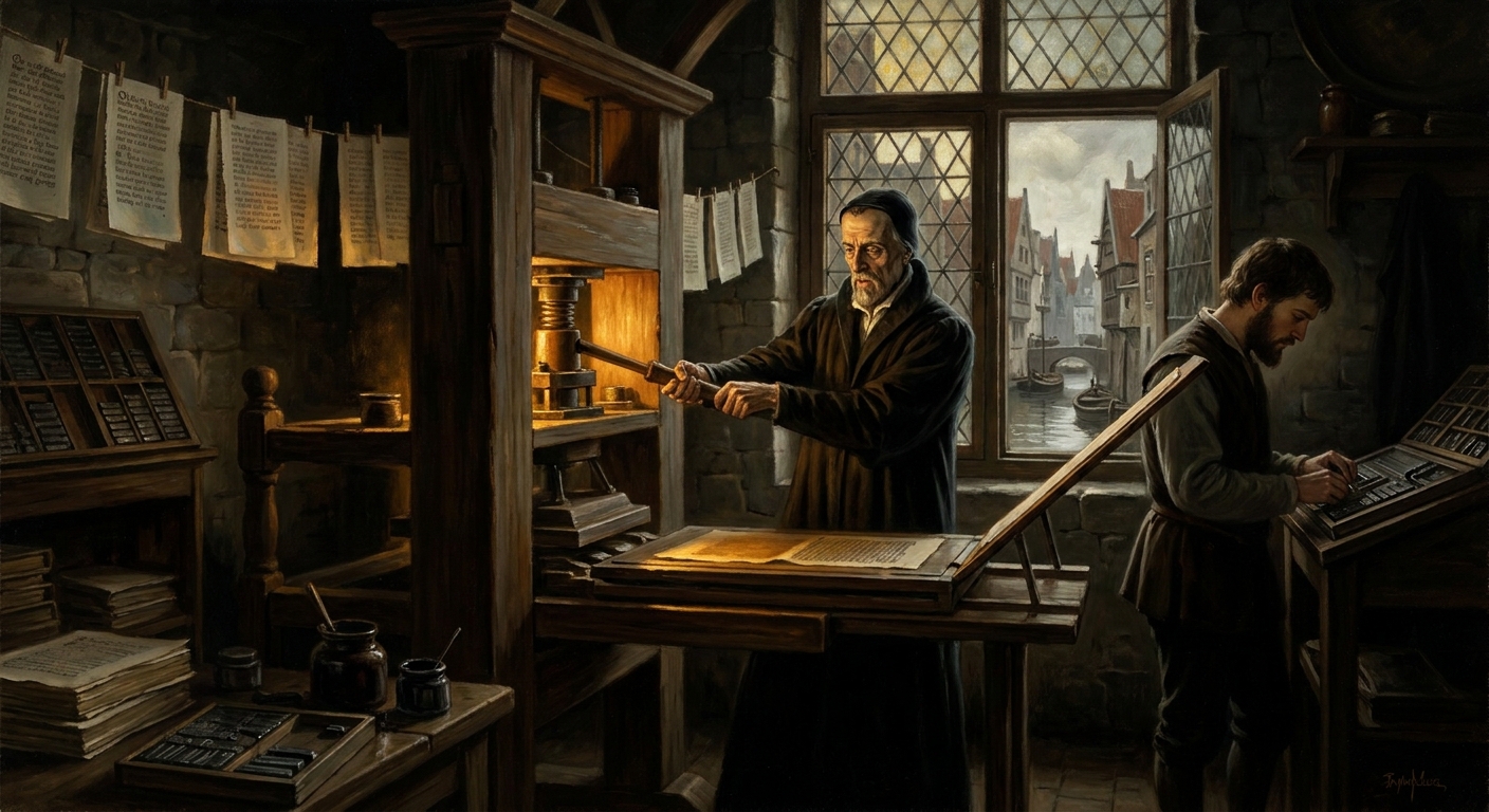 Antwerp, 1526. Tyndale's New Testament rolls off the secret press — pocket-sized octavo volumes smuggled into England in bales of cloth. Bishop Tunstall buys them up to burn; the proceeds fund a second, better edition.