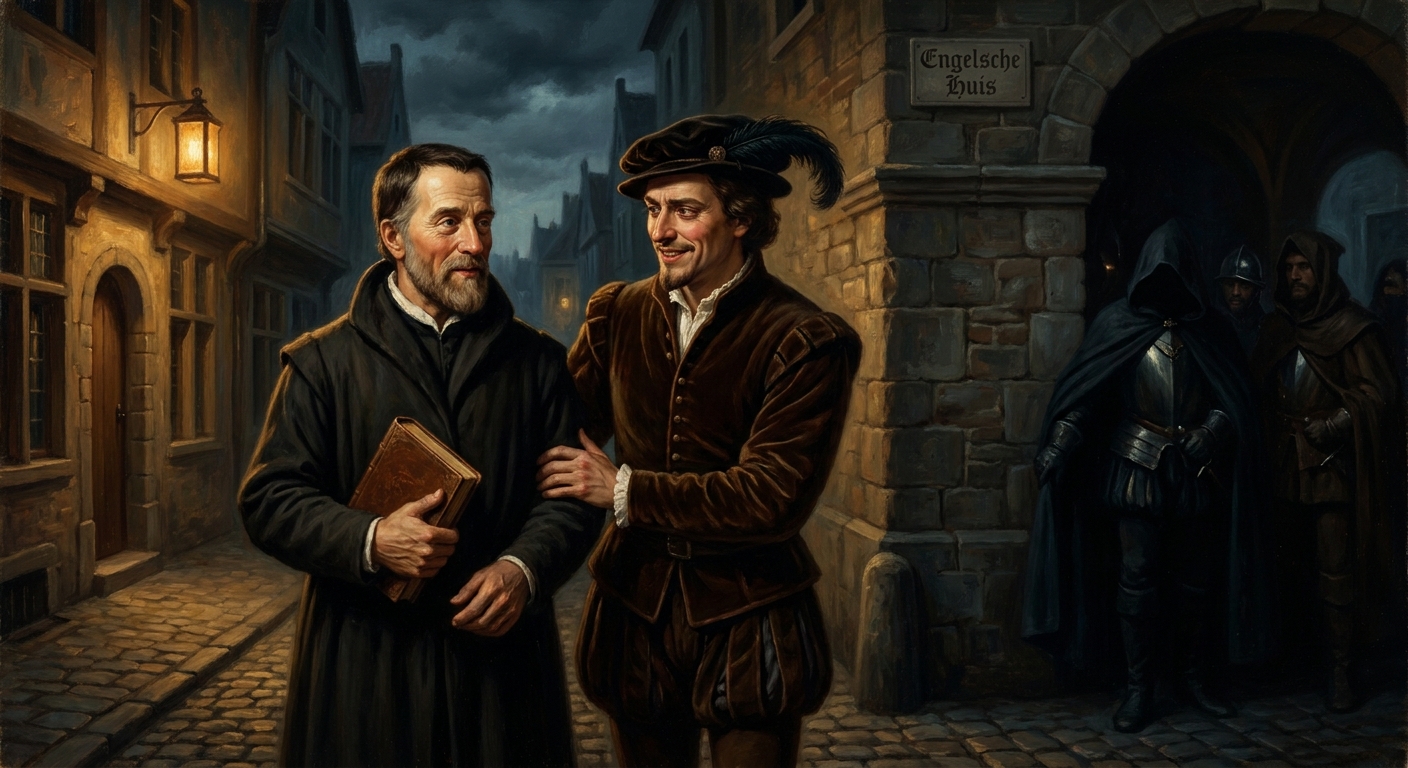 May 1535. Henry Phillips, an English gentleman in debt, befriends Tyndale at the English merchants' house in Antwerp, then leads imperial officers to his door. The kiss of betrayal in a Flemish street.