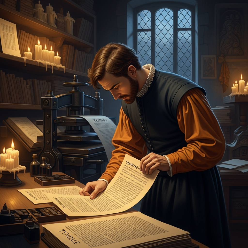 A printshop in Cologne, 1525 — candlelight, the smell of ink, Tyndale bending over a proof sheet while the press runs. The pages are English New Testament quarto sheets, the first ever set in type. An informer has already reached the city authorities. Tyndale will be gone before morning.
