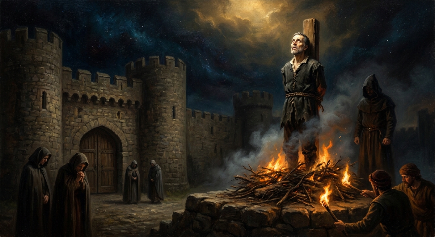 October 6, 1536. The executioner at Vilvoorde strangles Tyndale at the stake before the wood is lit — a small mercy. His final cry, recorded by witnesses: 'Lord, open the King of England's eyes!' Three years later, Henry VIII orders an English Bible in every parish church.