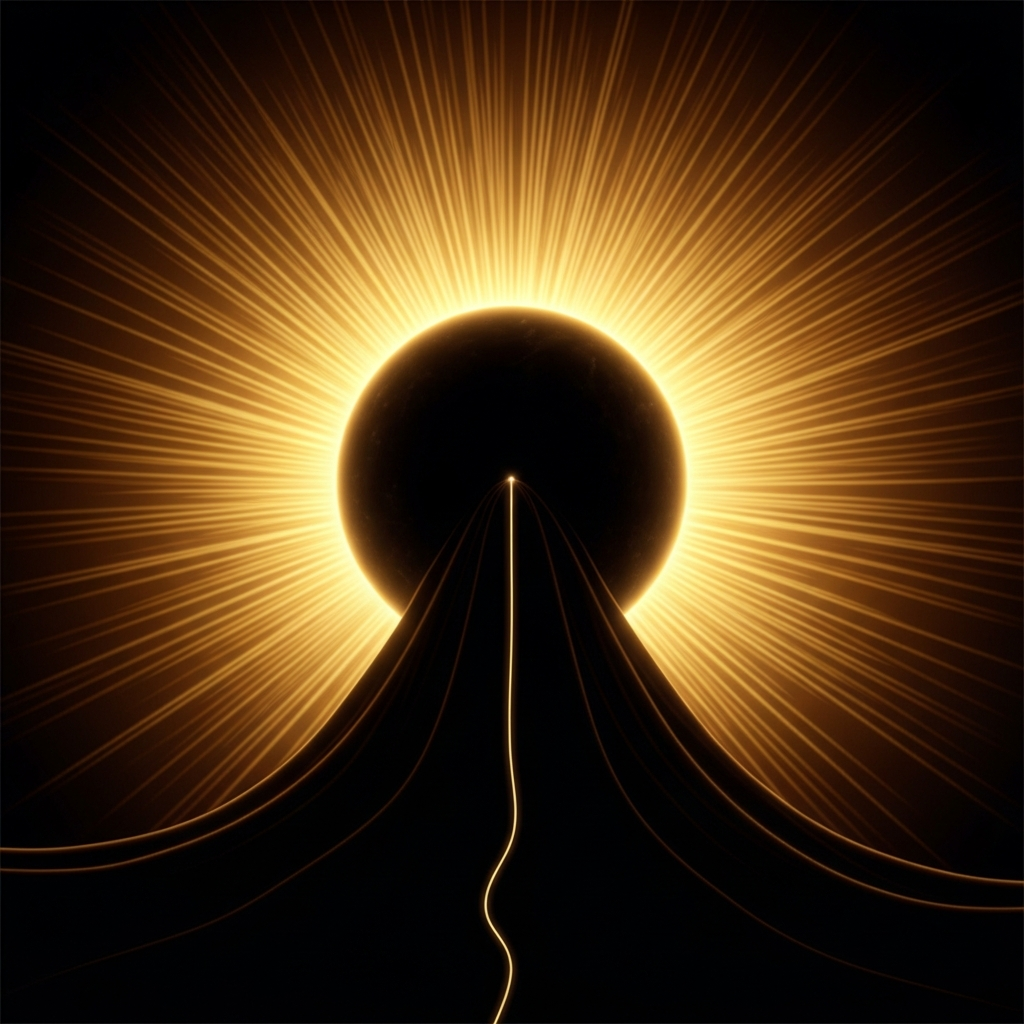 A visualization of the tzimtzum: infinite golden light drawing inward from every direction, leaving at its center a dark sphere — the tehiru, the empty space — within which a single thread of divine light descends like a needle through black cloth.