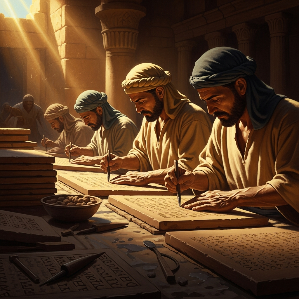 Scribes in the temple precinct at Ugarit pressing cuneiform wedges into wet clay, recording the words of the Baal Cycle onto tablets that will survive the city's burning by three thousand years.