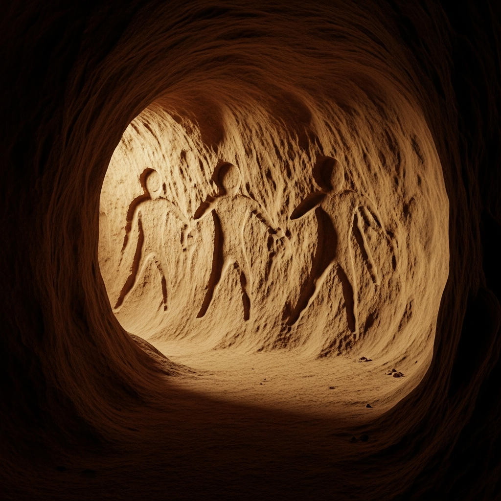 Inside a shallow cave on the accessible base, the walls hold the shapes of the story — not painted, shaped. The gouges and striations are what they are: the physical record of the Ancestor who was here, whose actions made these marks.