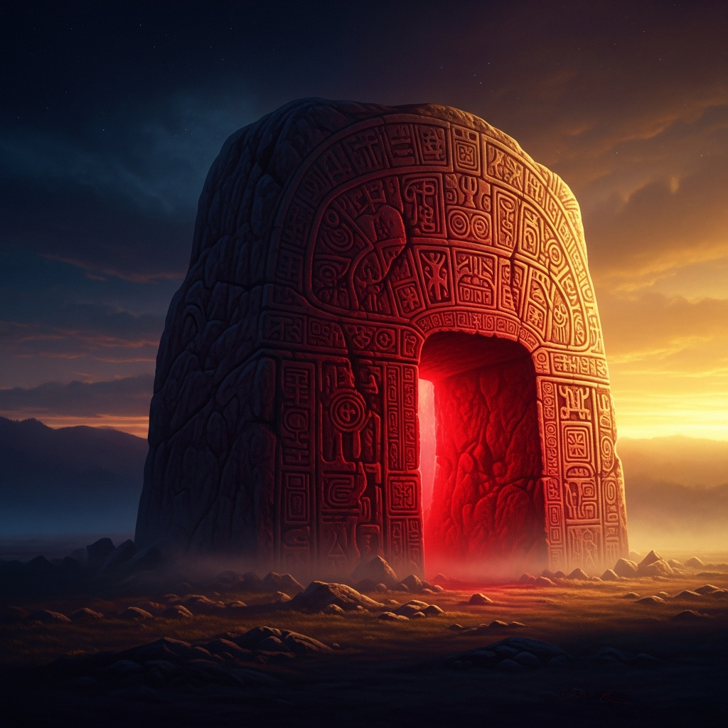 The stone glows red before the sun is fully up. The color is not the red of heat but of something older — the Ancestors' presence close to the surface, pressing through. The elder reads the western face of the rock from left to right like a page.