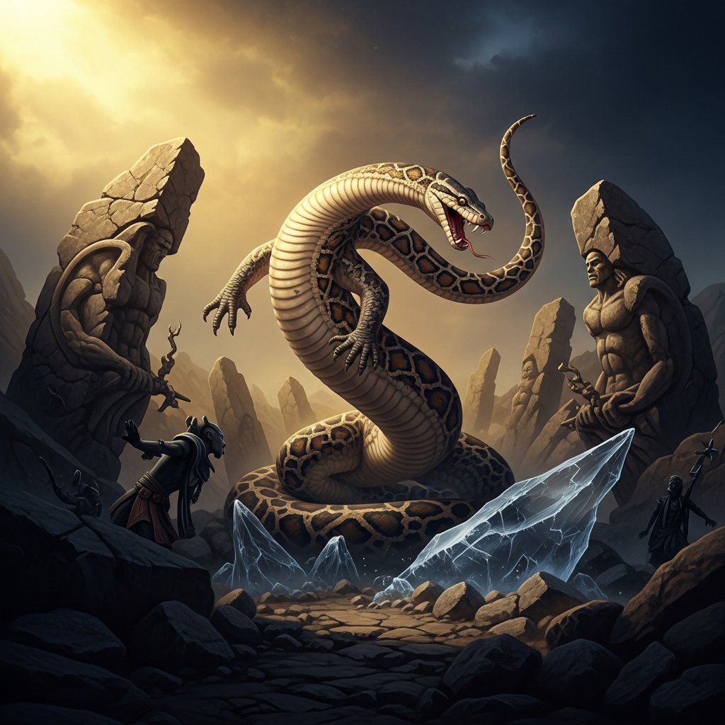 The woma python Ancestor rears in the story that the rock encodes. Her rage is permanent — it shaped the stone at the battle site into the forms that are still there, that you can touch, that the elder names and the young woman learns to see.