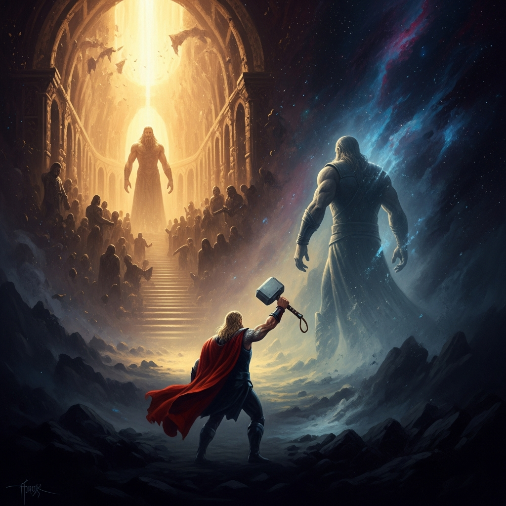 On the road home, Útgarðaloki turns at the edge of his realm and tells Thor the truth. Thor reaches for his hammer. The hall and the giant are gone.