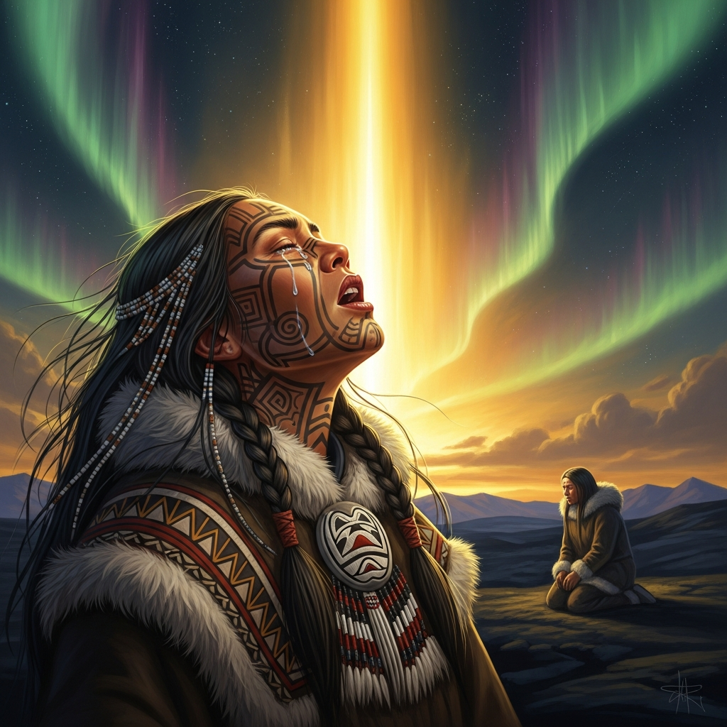 Uumarnituq lifts her face to the sky and sings the first song — let us be two, not one. Her voice crosses the tundra and there is nothing to stop it. Aakulujjuusi listens. The world listens.