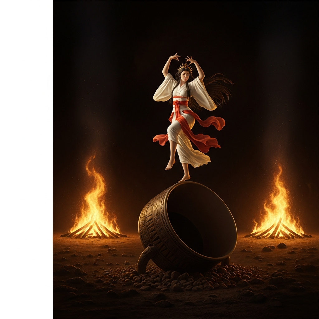 Ame-no-Uzume dances atop an overturned tub in the darkness outside the Ama-no-Iwato cave. The bonfires roar. Eight million kami watch. She is doing something that no court chronicle will describe precisely. The gods are laughing so hard the plain of heaven shakes.