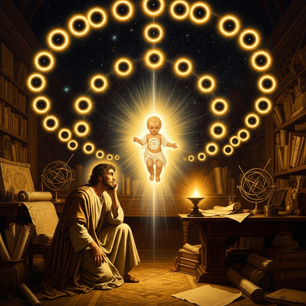 Valentinus kneeling in a lamp-lit Alexandrian study, a radiant infant hovering before him suspended in golden light — the Logos as newborn Word, thirty luminous forms unfolding behind it into darkness like concentric rings of fire.