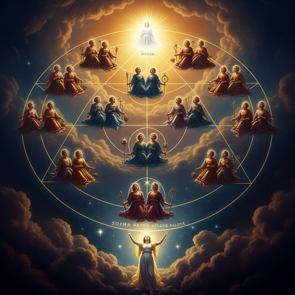 A vast diagram of the Pleroma spread across the heavens: thirty Aeons arranged in matched pairs, the Monad at the summit blazing white, and at the bottom edge a single luminous figure — Sophia — reaching beyond the boundary alone into the void.