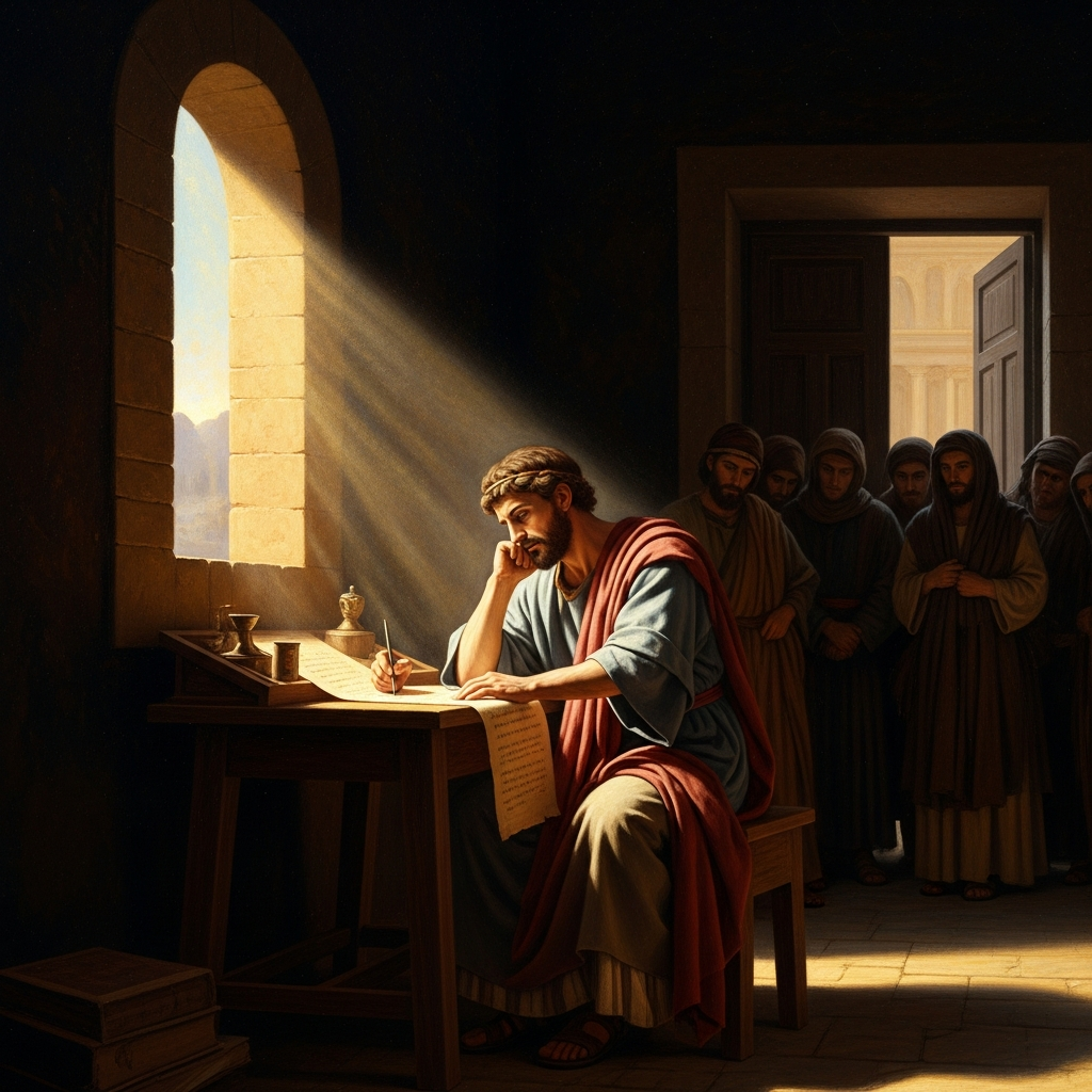 Valentinus seated at a wooden writing table in Alexandria, dawn light through a narrow window, pen moving across papyrus while students gather at the doorway to listen — the cosmology being inscribed for the first time.