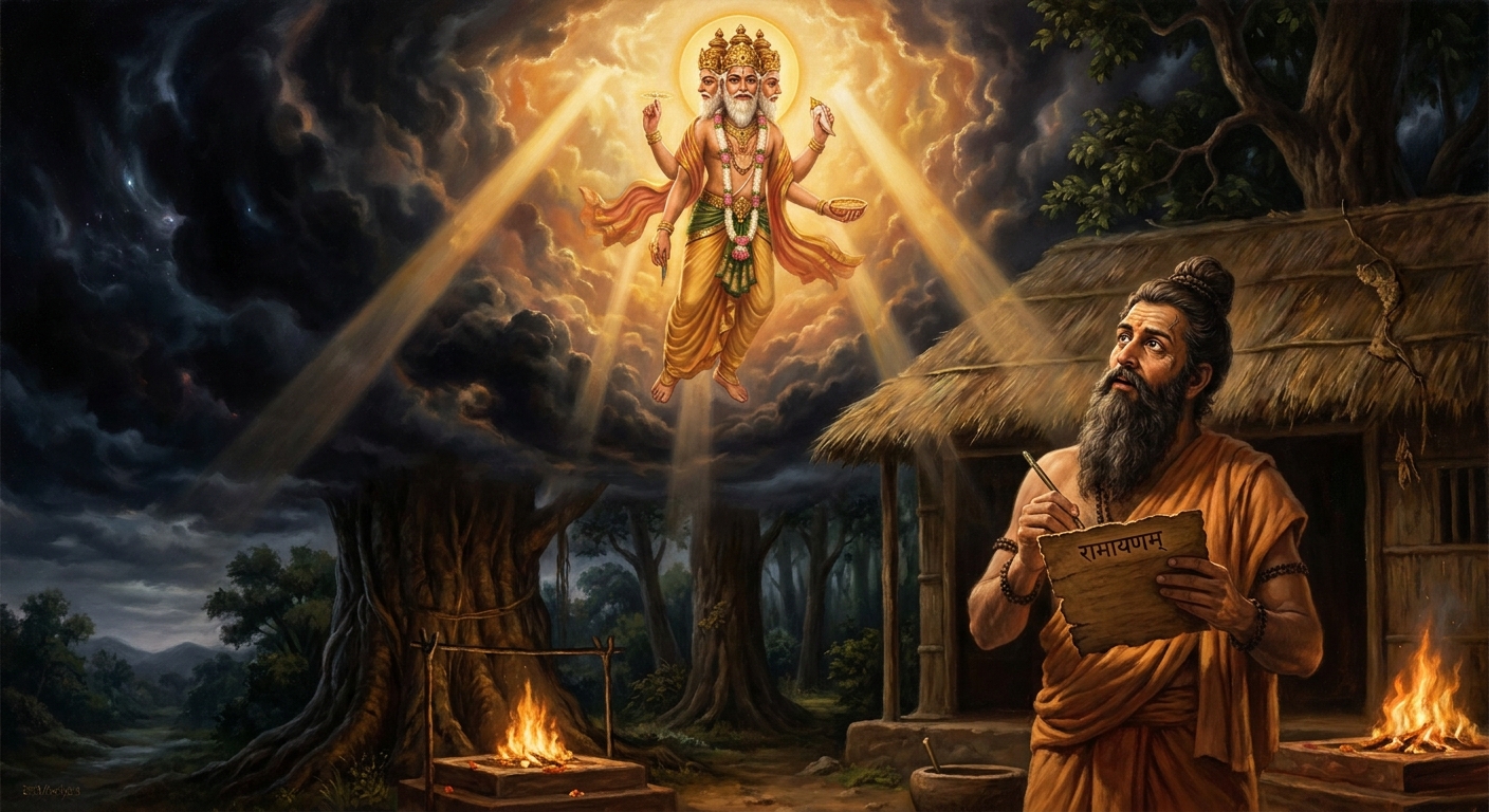 Brahma descends to the hermitage. *Compose the life of Rama in this meter,* he says, *and every line you set will be true.* Valmiki, the bandit-become-sage-become-poet, takes up the bark and the stylus. The Ramayana begins.