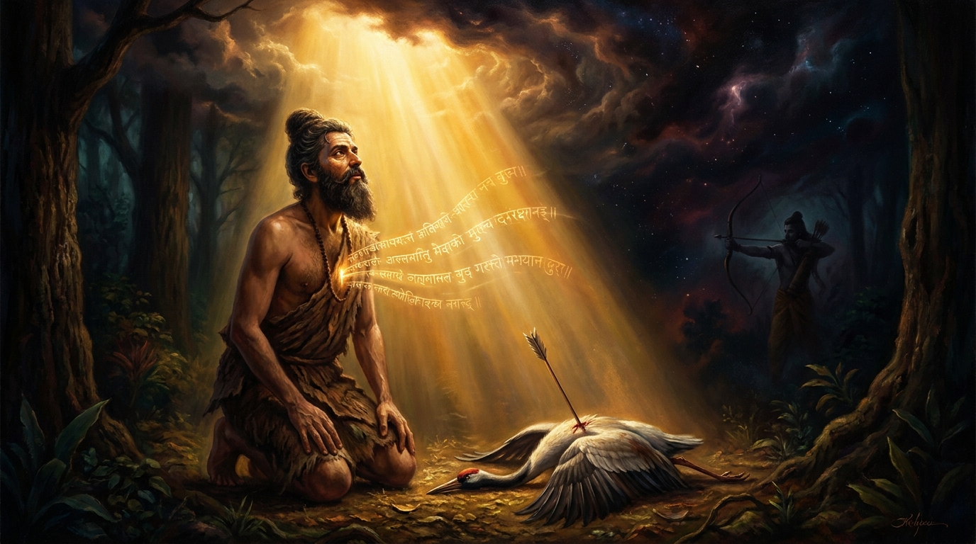 The arrow flies. The male bird falls. Grief breaks open in Ratnakara's chest and rises through his throat in lines of perfect meter — the first shloka, spoken before he understands he is speaking it.