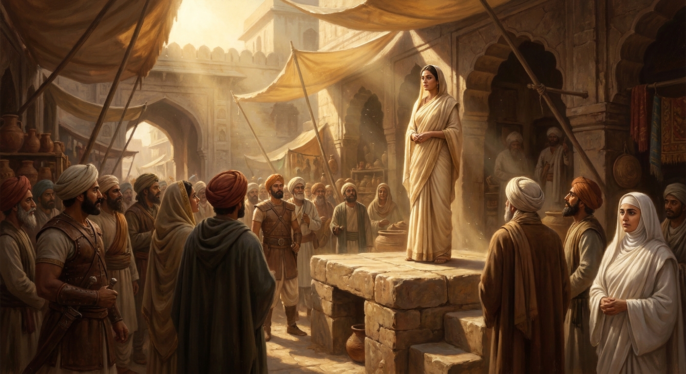 Champa, after the war. Princess Vasumati, daughter of King Dadhivahana, is sold in the slave market and bought by Dhanavaha the merchant of Kausambi. He renames her Chandana — sandalwood — for her composure.