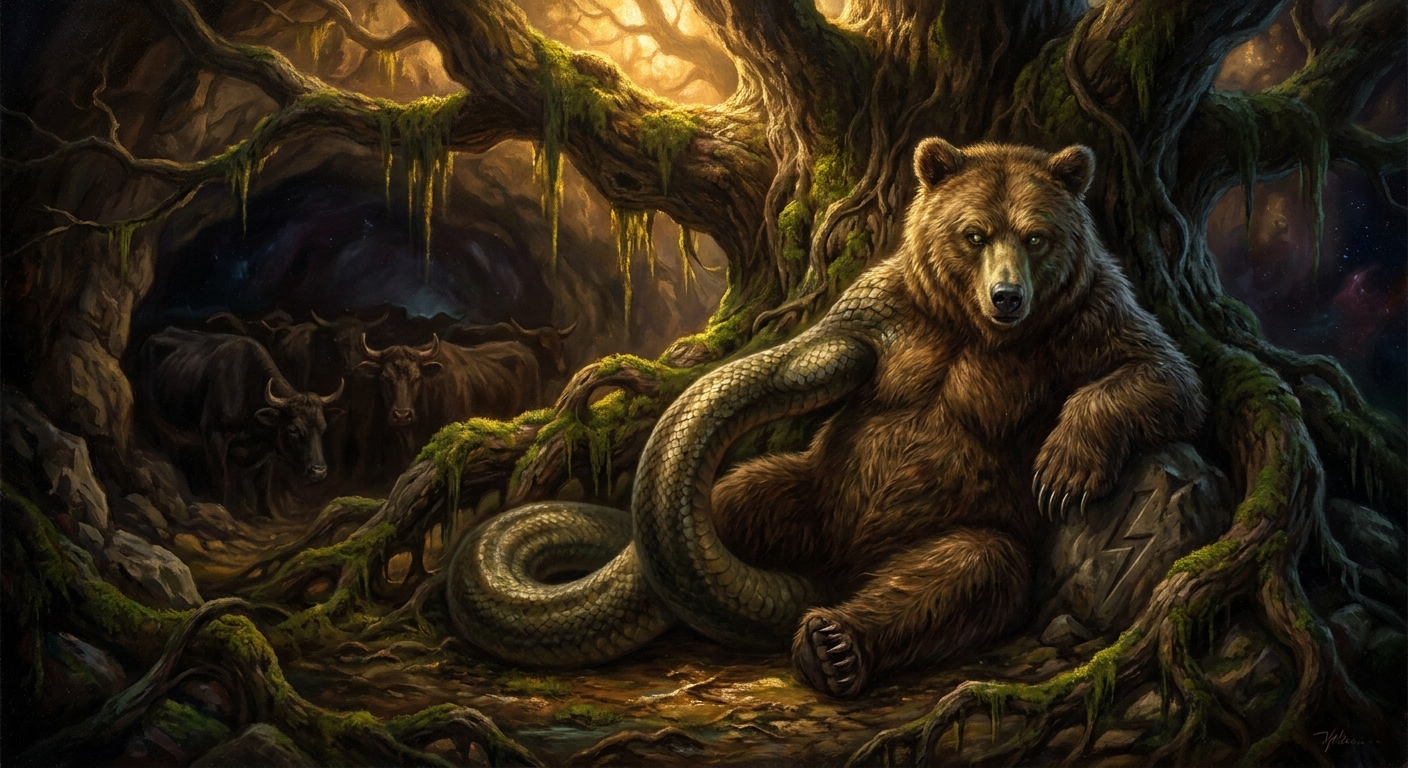Veles in the wet roots — half-serpent, half-bear, eyes the colour of swamp-water, the stolen cattle hidden behind him in the dark.