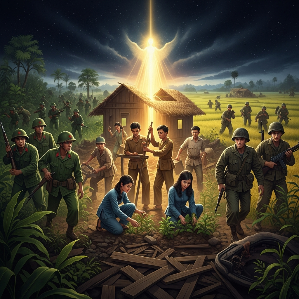 Vietnam, 1966 — the countryside on both sides of the war that Nhat Hanh's School of Youth for Social Service rebuilds village by village, refusing to favor either army.