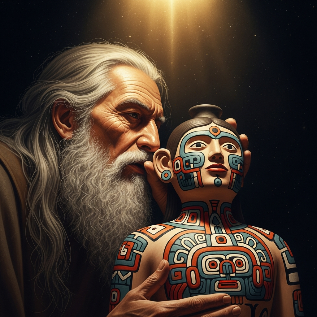 Viracocha leaning over a painted clay figure, his mouth close to its clay ear, breathing the first breath — the figure's fingers beginning to flex, its eyes beginning to open, a faint warm glow at the point of breath as if the air itself is changing character.