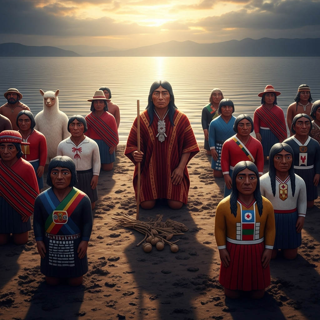 Viracocha kneeling at the clay shore of Lake Titicaca before dawn, rows of man-sized clay figures laid out before him on the mud flat, each one painted with the distinct clothing and features of a different Andean nation — llama-wool cloaks in red and black, different haircuts, different faces — all still and waiting for the breath of life, the water of the lake silver-black behind him.
