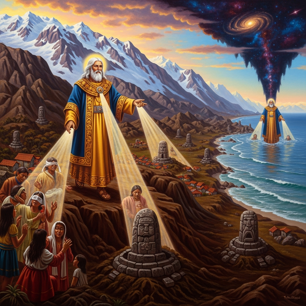Viracocha walks northwest across the Andes, healing the blind and the sick, calling each community out of the earth at its assigned huaca, until he reaches the Pacific coast at Manta — and walks across the water and disappears.