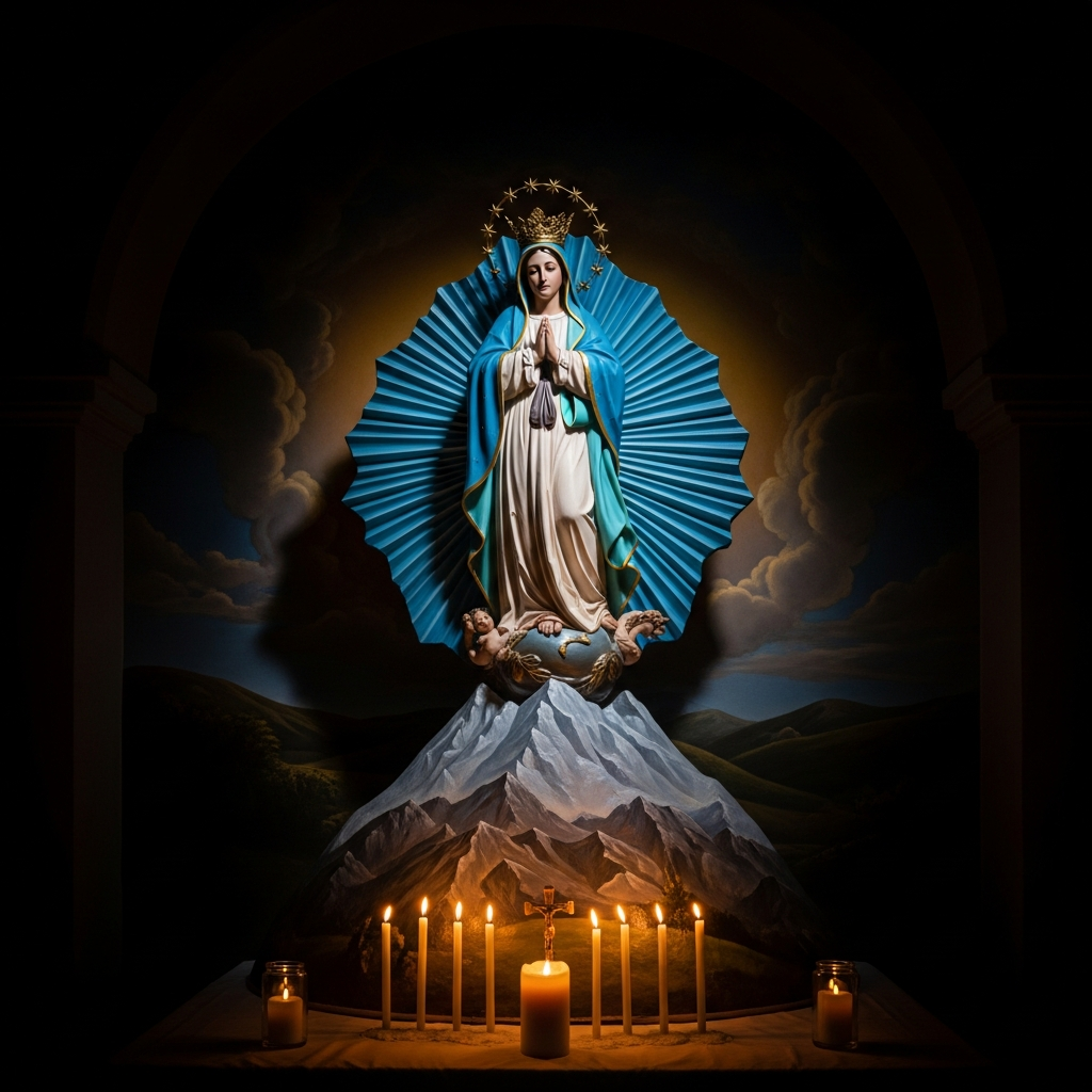 In the church of a highland Quechua village, a statue of the Virgin Mary stands on a mountain of painted plaster; her blue robe fans outward like the slopes of Pachamama; the candles at her feet burn for the earth, not the sky.