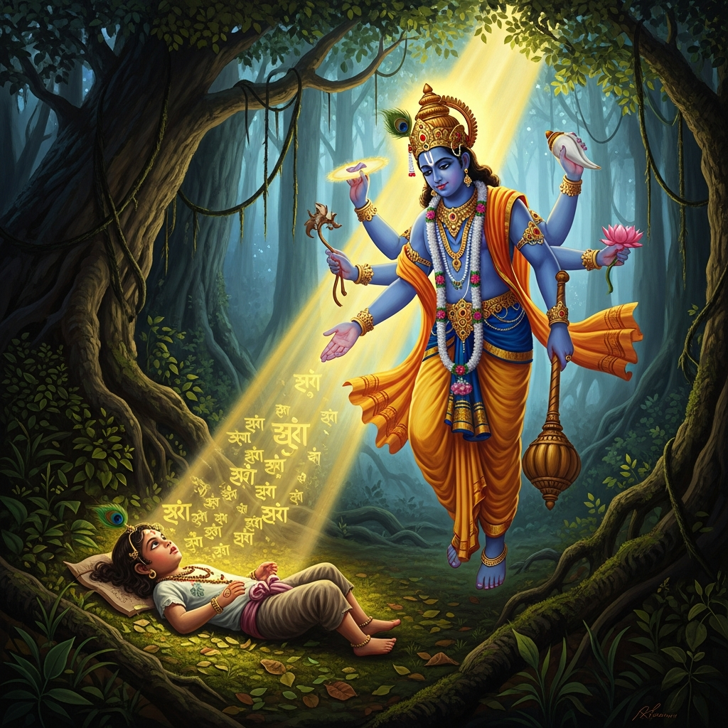 Vishnu descends through the forest canopy on a beam of golden light and touches the child's cheek — awakening in him the words of the Stuti prayer that Dhruva speaks without ever having learned them.