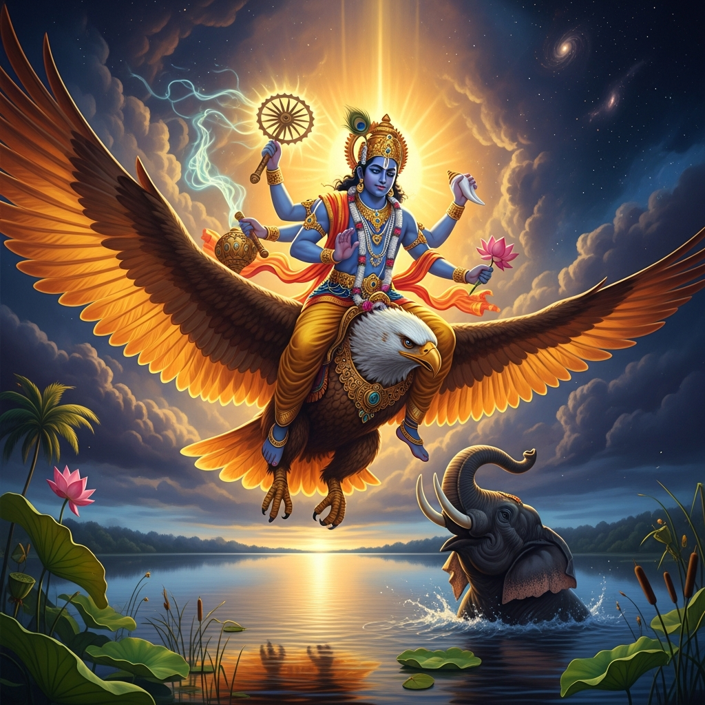 Vishnu rides Garuda down through the sky at the speed of will itself, Sudarshana Chakra spinning in his hand, arriving at the lake before the echo of Gajendra's prayer has crossed the water.