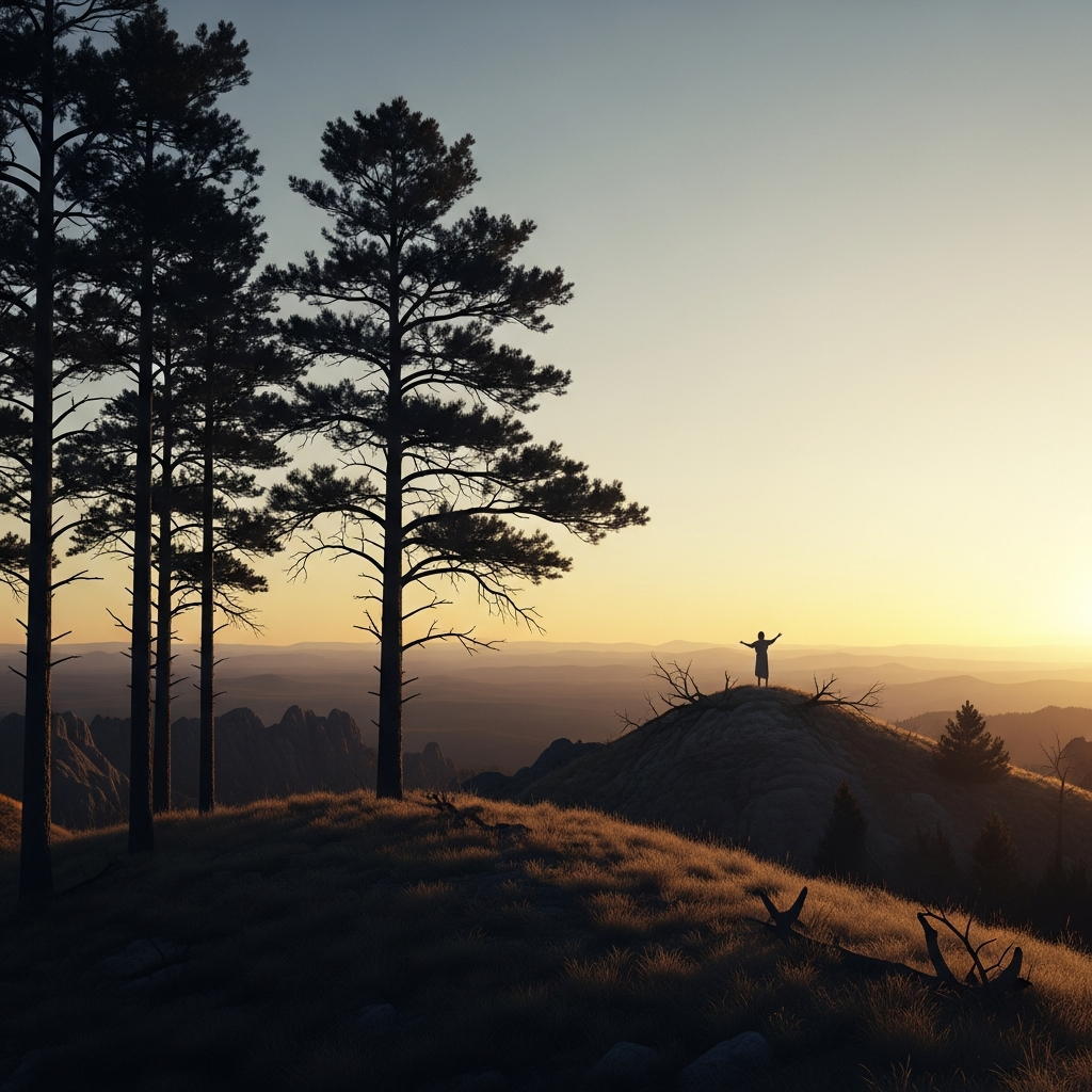 The Black Hills at the first light of dawn, seen from a high ridge. The ponderosa pines are black against the pale east. On a bare hilltop in the middle distance, a small figure stands, arms slightly raised, facing the light.