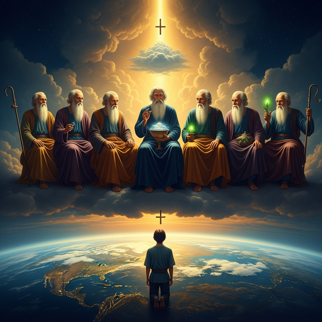 Six old men seated in a cloud above the earth, facing the cardinal directions and the above and below. They are the Grandfathers of the universe. One of them holds a cup that contains the sky. Another holds a herb so green it glows. The young man kneeling before them is small, and the landscape below is the entire world, laid out to its edges.