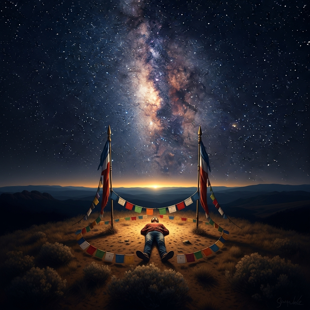 A young man alone on a hilltop in the Black Hills at night. He lies within a small circle of prayer flags, one at each direction — west, north, east, south. The sky above him is the full weight of the Milky Way. He is not asleep. He is waiting.