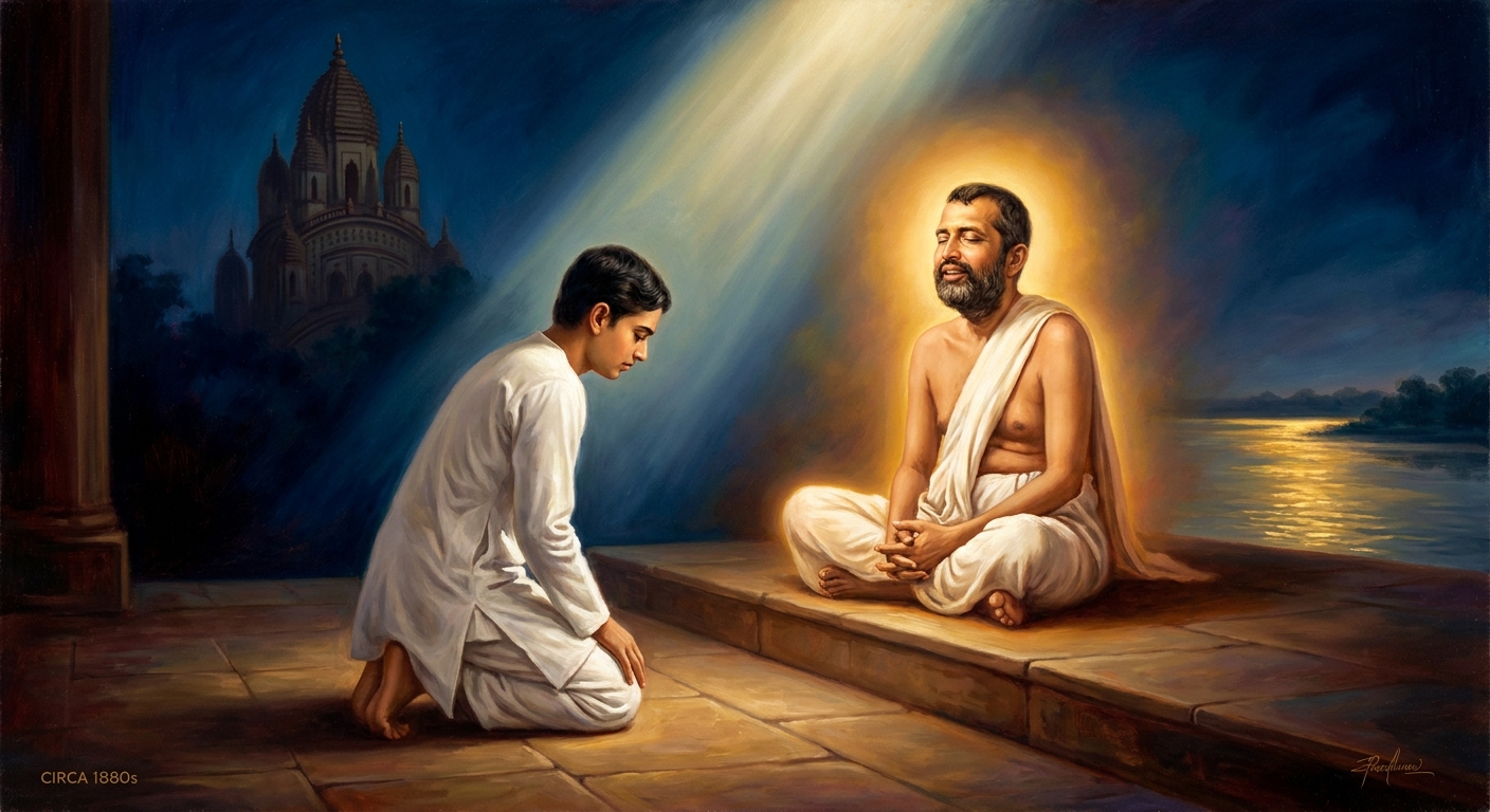 In Dakshineswar, years before Chicago, Ramakrishna places his foot on a young Narendra's chest and the visions begin. The master pours himself into the disciple like water poured between vessels. What Vivekananda carries to America is not his own: it is the compressed transmission of a village priest who never left Bengal.