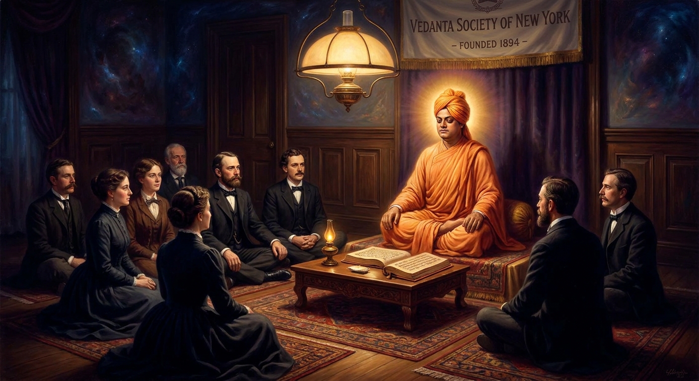 New York, 1894. Vivekananda founds the first Vedanta Society in America. He will spend years lecturing across the country — to drawing rooms in Boston, lecture halls in Detroit, street crowds in Memphis — threading a new institution into the fabric of a civilization that did not know it was waiting.