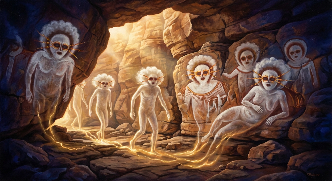 The Wandjina walk slowly out of the Kimberley rock-walls — mouthless, halo-haired with cloud, eyes ringed in lightning. They lay down the cliffs as they go, then lie back down inside them.