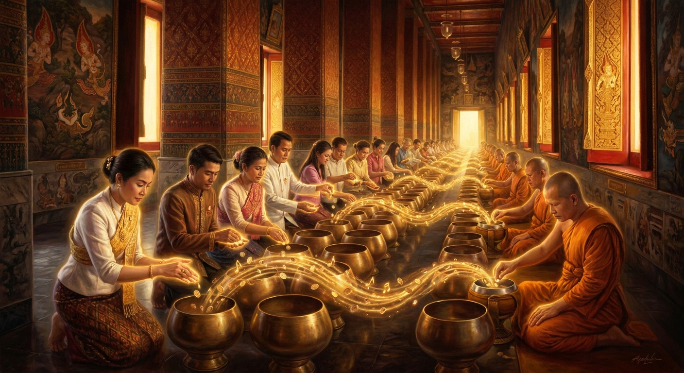 The 108 bronze bowls along the corridor behind the Buddha. Pilgrims drop a coin in each, the small clatters becoming a continuous bell-tone the length of the hall. The merit collected funds the temple's ongoing restoration. The bowls are emptied each evening and the cycle starts again at dawn.
