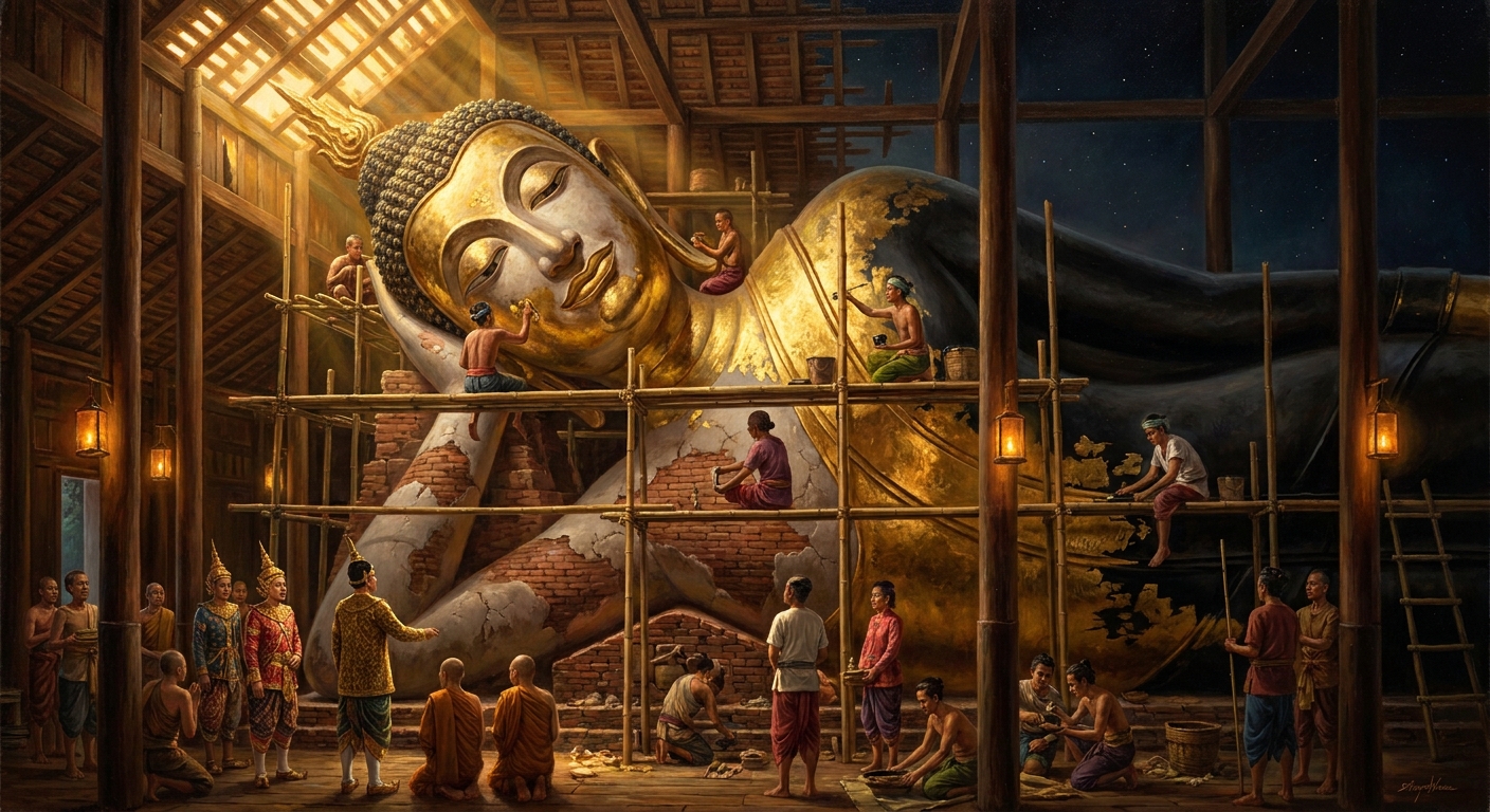 Construction begins in 1832 under Rama III. The frame is brick and plaster around a brick core; the surface is gilded with gold leaf laid over black lacquer. Forty-six meters long, fifteen meters tall at the head — the figure exceeds the building. The hall is constructed around it, not the reverse.