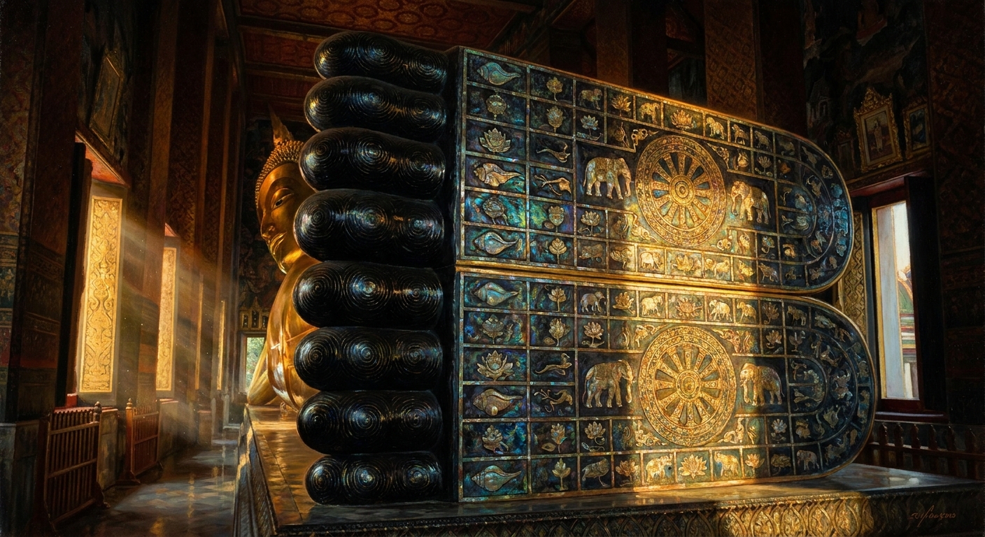 The soles of the Buddha's feet, three meters tall each, inlaid with mother-of-pearl in 108 panels — the auspicious signs (mangala lakkhana) of the Mahapurisa, the Great Person. Conch shells, lotuses, elephants, the Wheel of Dharma at the center. Each sole reads as a complete cosmographic chart.