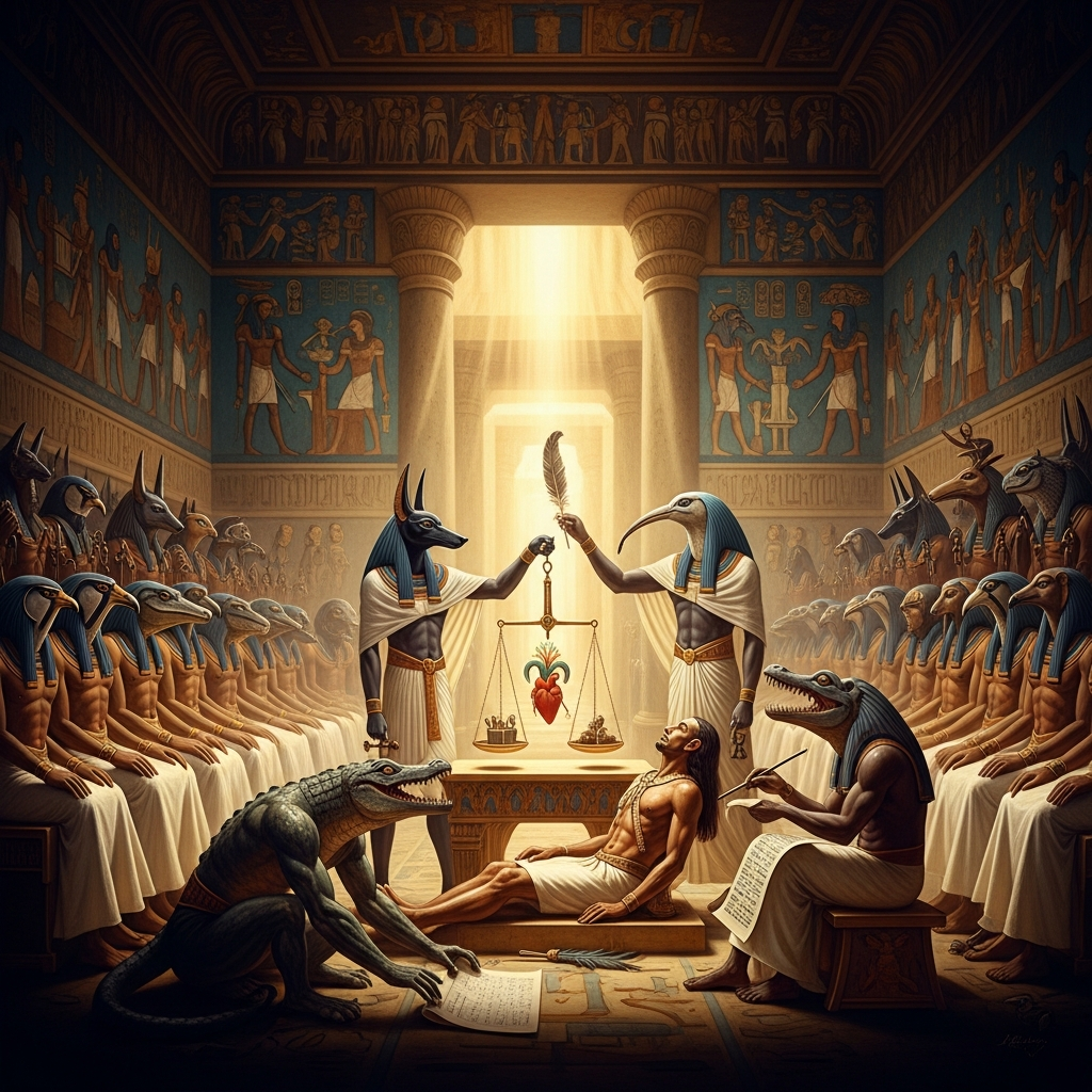 The Hall of Two Truths at full assembly: the forty-two assessors ranged along the walls, Anubis at the scales with the dead man's heart on one pan and Maat's ostrich feather on the other, Thoth standing with his scribal palette ready to record, Osiris enthroned at the far end of the hall. The scales are perfectly balanced. Nothing has been decided yet.