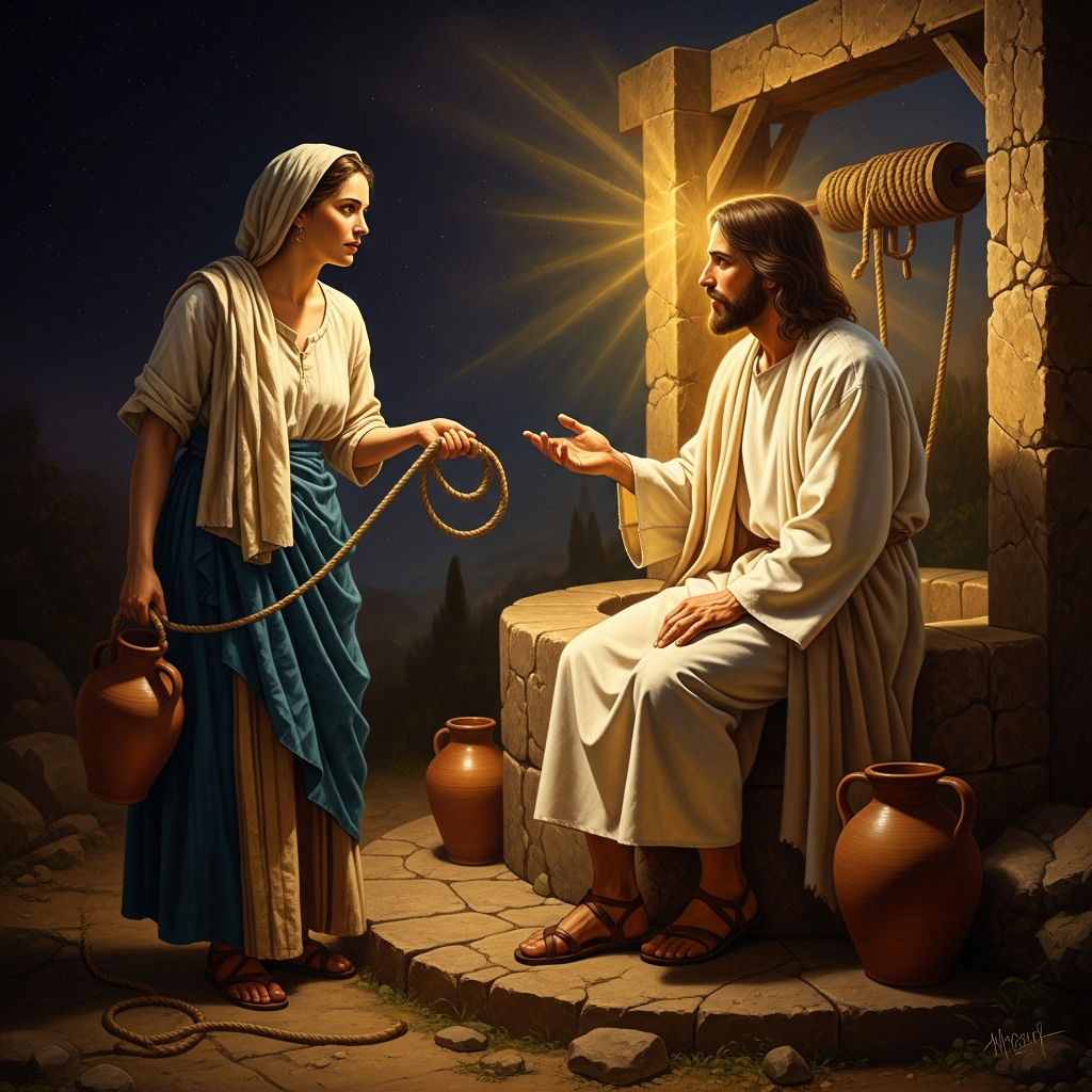 She asks him for this living water, still thinking of logistics, still holding the rope and the jar — and he asks her to go get her husband, and everything shifts.