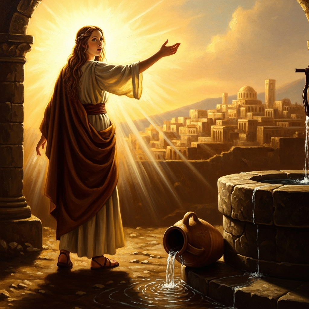 She leaves her water jar at the well and goes back into the city: Come and see a man who told me everything I ever did. The jar is empty. She no longer needs it.