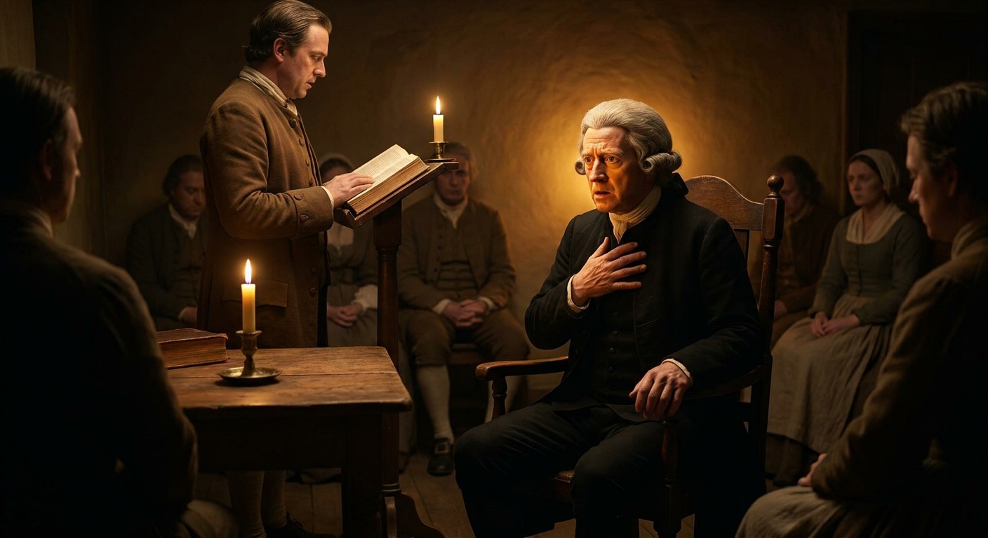 About a quarter before nine, May 24, 1738. The Moravian leader reads Luther's preface to Romans aloud — the passage on the change God works in the heart through faith in Christ. Wesley, sitting reluctantly in the back, feels the warmth he later cannot describe except by the word 'strangely.' His brother Charles has had a similar experience three days earlier. The brothers are about to invent Methodism.