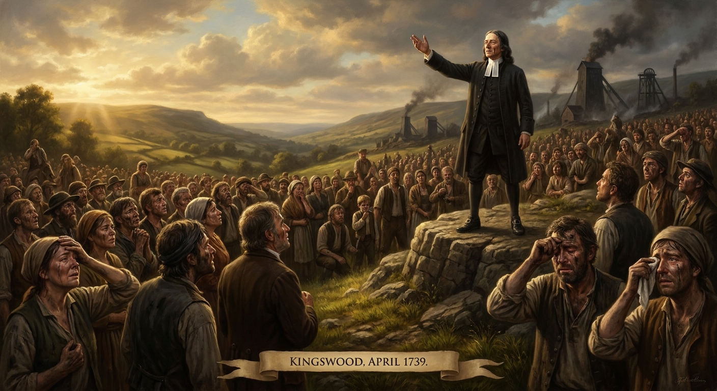 1739 onward. Barred from Anglican pulpits for enthusiasm, Wesley begins preaching outdoors — to colliers in Kingswood, weavers in Bristol, miners on the moors. Crowds of ten thousand. He will ride 250,000 miles on horseback over fifty years, preach 40,000 sermons, and leave behind the Methodist movement in three continents.